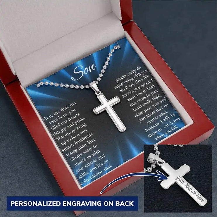 Personalized Cross Ball Chain Necklace with a polished stainless-steel cross and a mahogany box with LED light angle 2