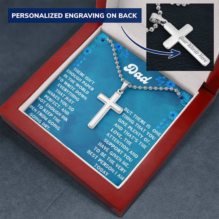 Personalized Cross Ball Chain Necklace with a polished stainless-steel finish and in a mahogany box with a LED light angle 3