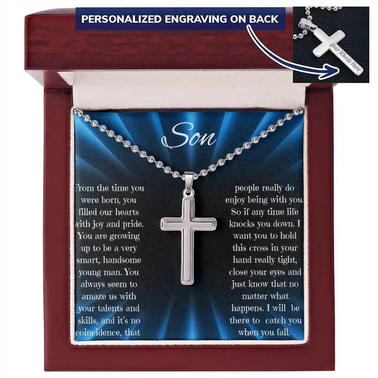 Personalized Cross Ball Chain Necklace with a polished stainless-steel cross and a mahogany box with LED light angle 1
