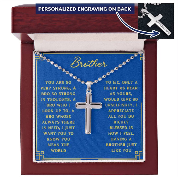 Personalized Cross Ball Chain Necklace with a polished stainless steel pendant in a mahogany box angle 1
