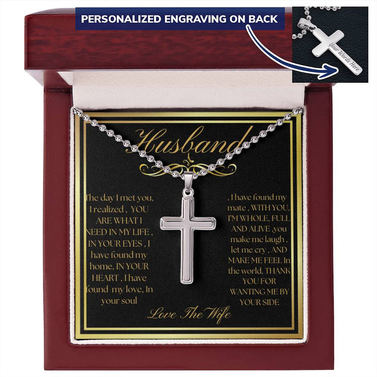 Personalized Cross Ball Chain Necklace with polished stainless-steel charm in a mahogany box angle 1