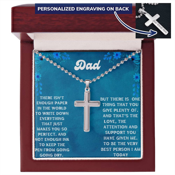 Personalized Cross Ball Chain Necklace with a polished stainless-steel finish and in a mahogany box with a LED light angle 1