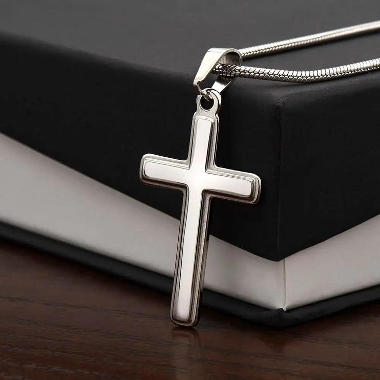 cross necklace personalized on top of two-tone box