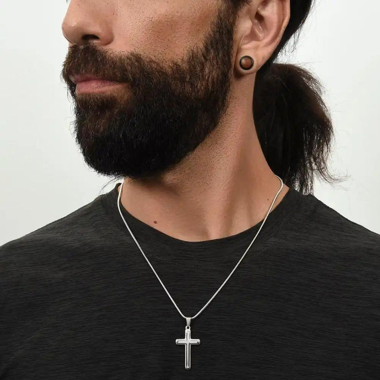 cross necklace personalized on model's neck