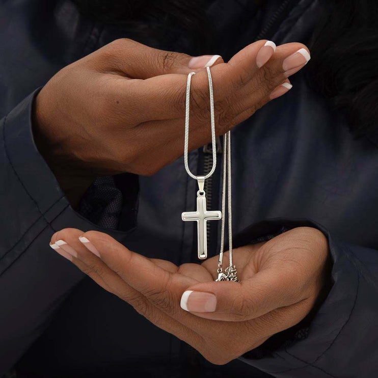 Personalized Cross on Snake Chain in a model's hands