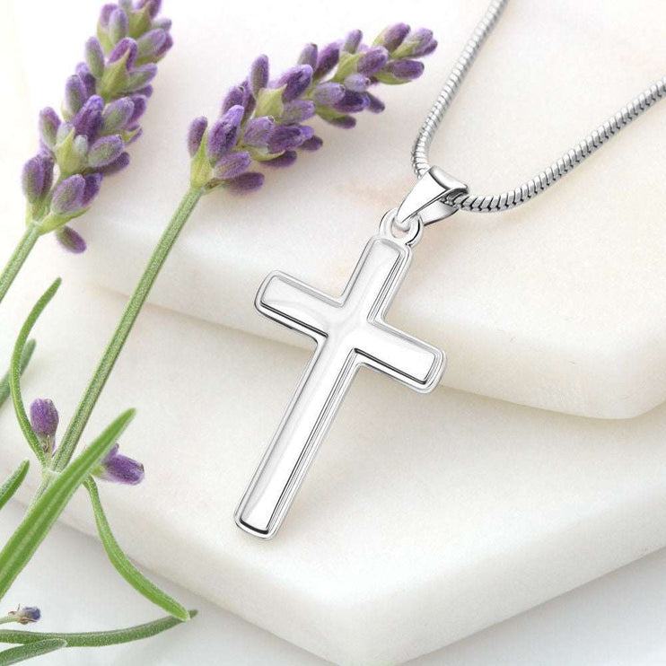 personalized cross on snake chain on a white display