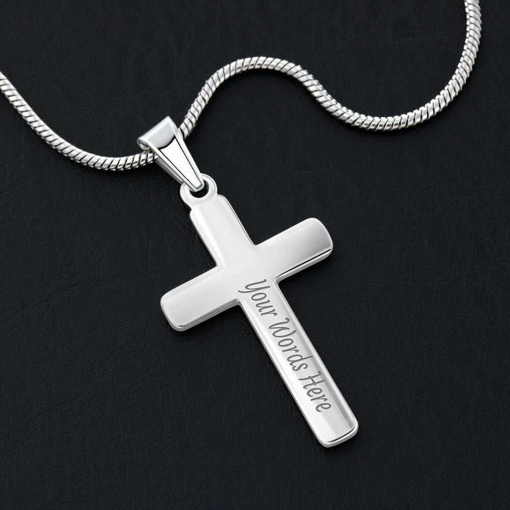 personalized cross on snake chain necklace showing engraving 