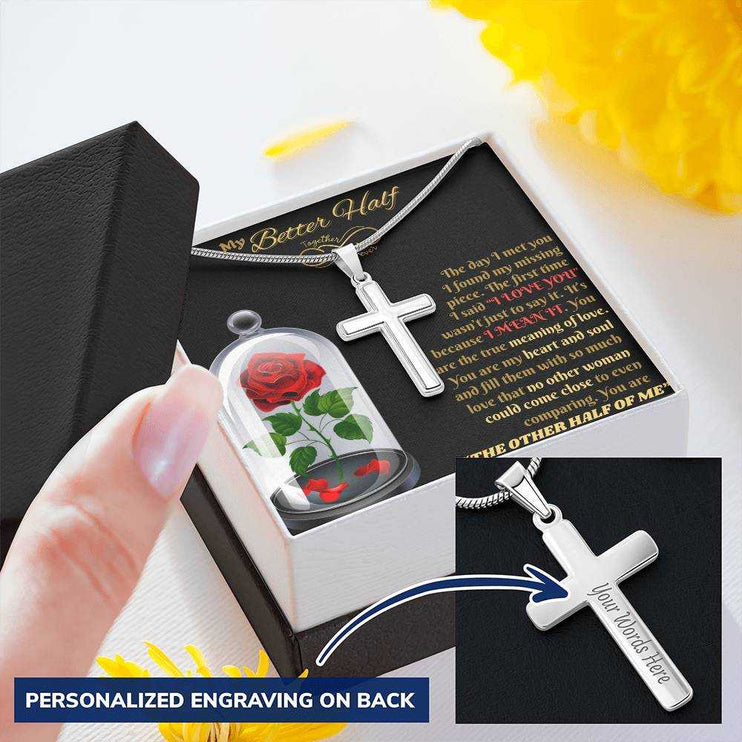 personalized cross on snake chain necklace in soft box with lid off