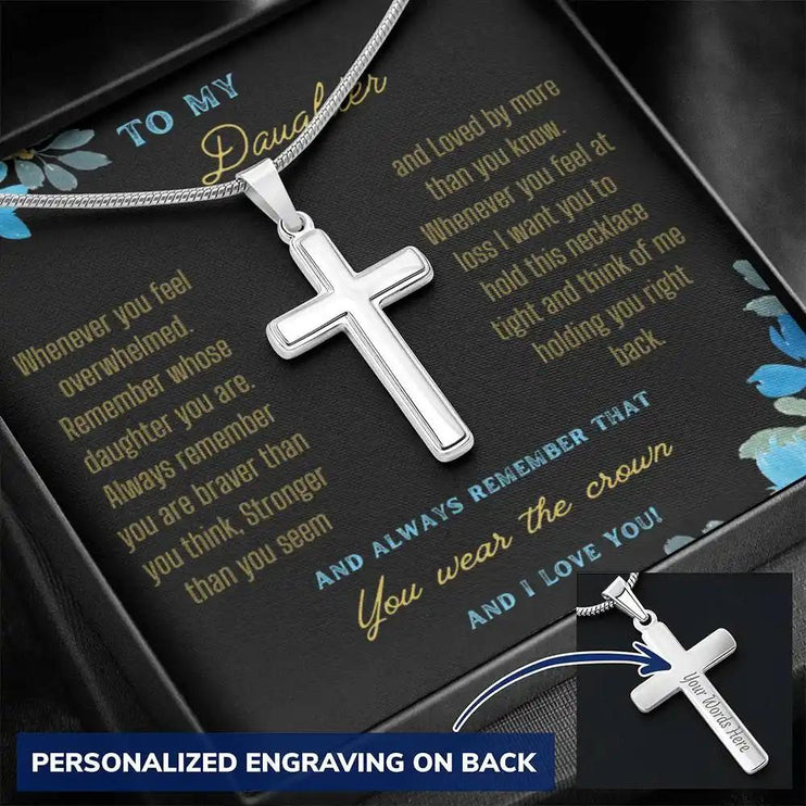 a personalized cross necklace up close angled left.