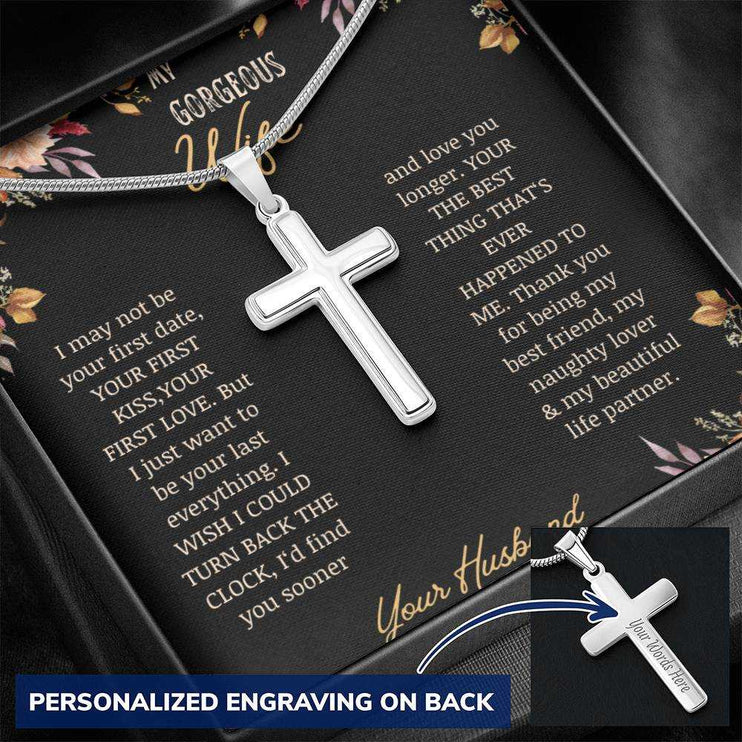 A personalized cross necklace on a to gorgeous wife greeting card angled left.