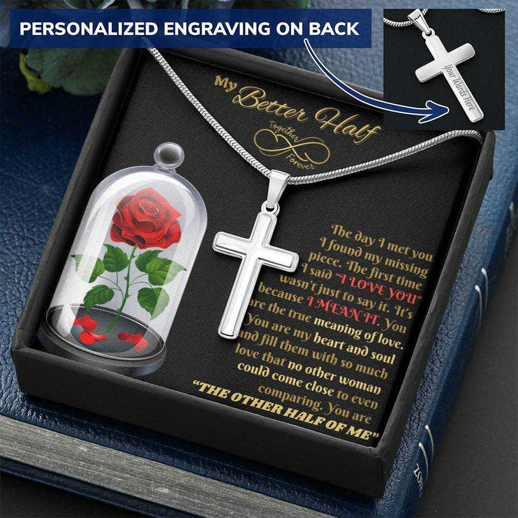 personalized cross on snake chain necklace in soft box angled right