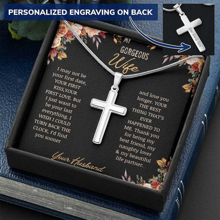 A personalized cross necklace on a to gorgeous wife greeting card angled right.