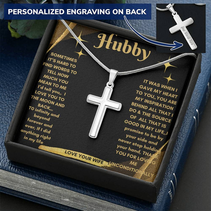 Personalized Cross Snake Chain Necklace with polished stainless-steel charm in a two-tone box angle 1