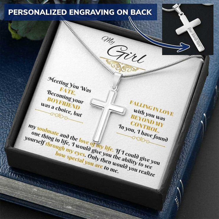 personalized cross on snake chain in soft box with right angle