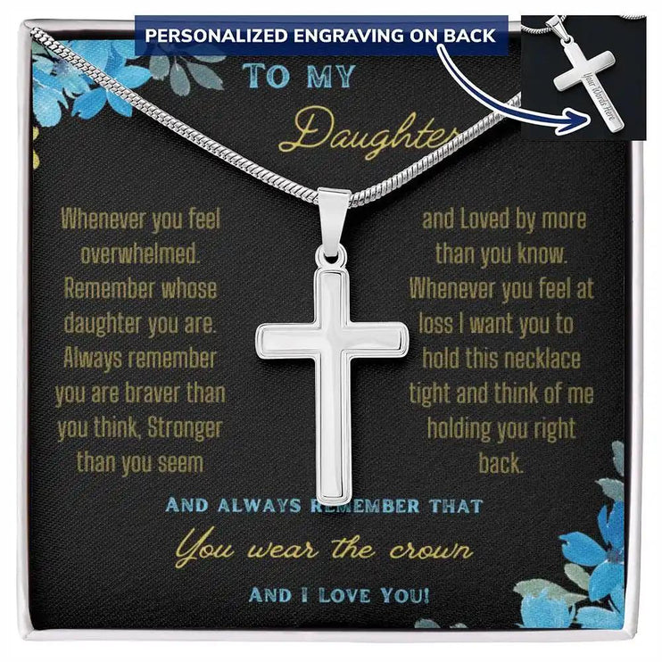 a personalized cross necklace up close.