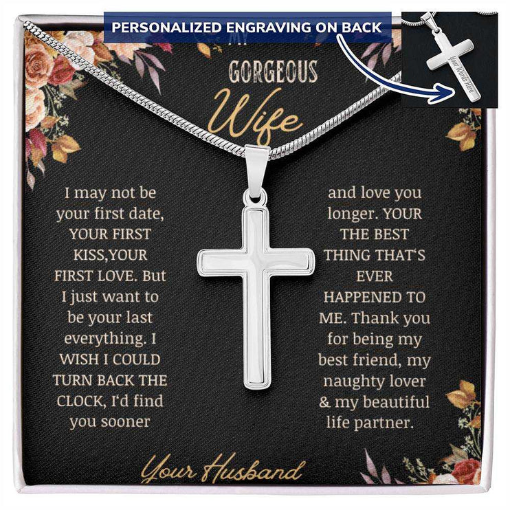 A personalized cross necklace on a to gorgeous wife greeting card.