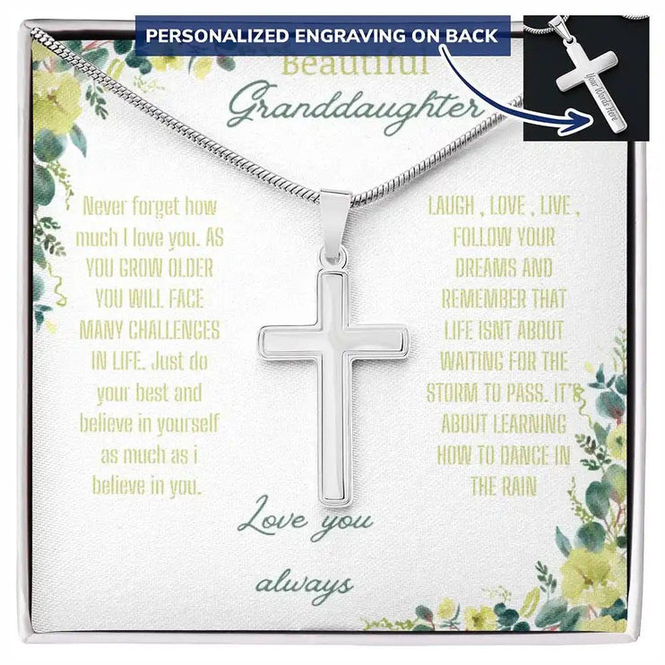 Personalized Cross Necklace with a polished stainless-steel cross and a to granddaughter from 
