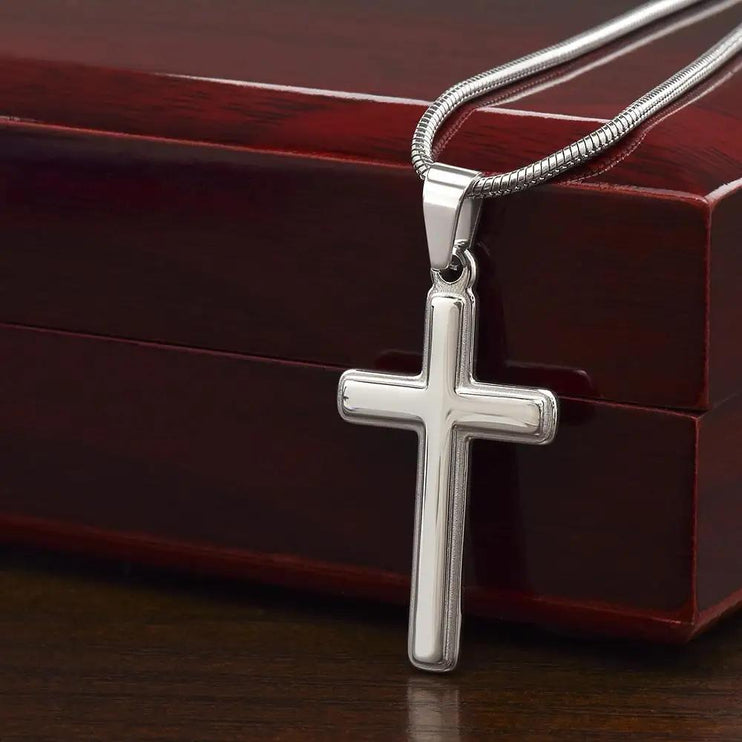 cross necklace personalized on top of mahogany box