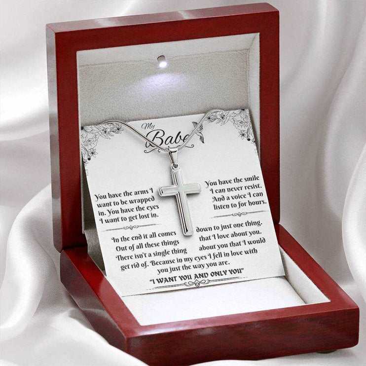 personalized cross on snake chain in a luxury box angled left