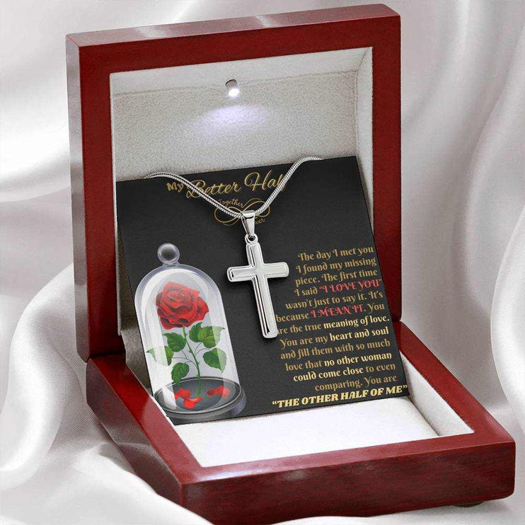 personalized cross on snake chain necklace in luxury box angled left