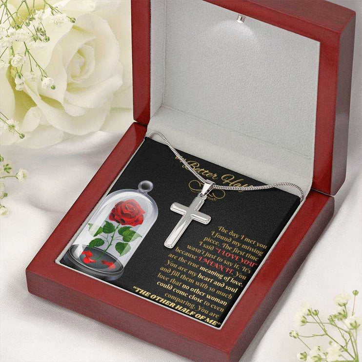 personalized cross on snake chain necklace in luxury box angled right