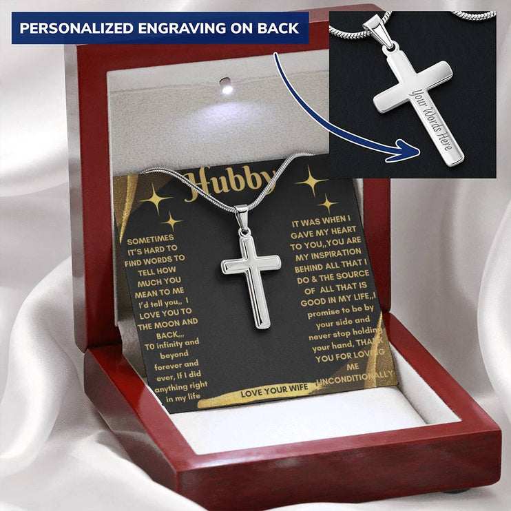 Personalized Cross Snake Chain Necklace with a polished stainless-steel charm in a mahogany box angle 2