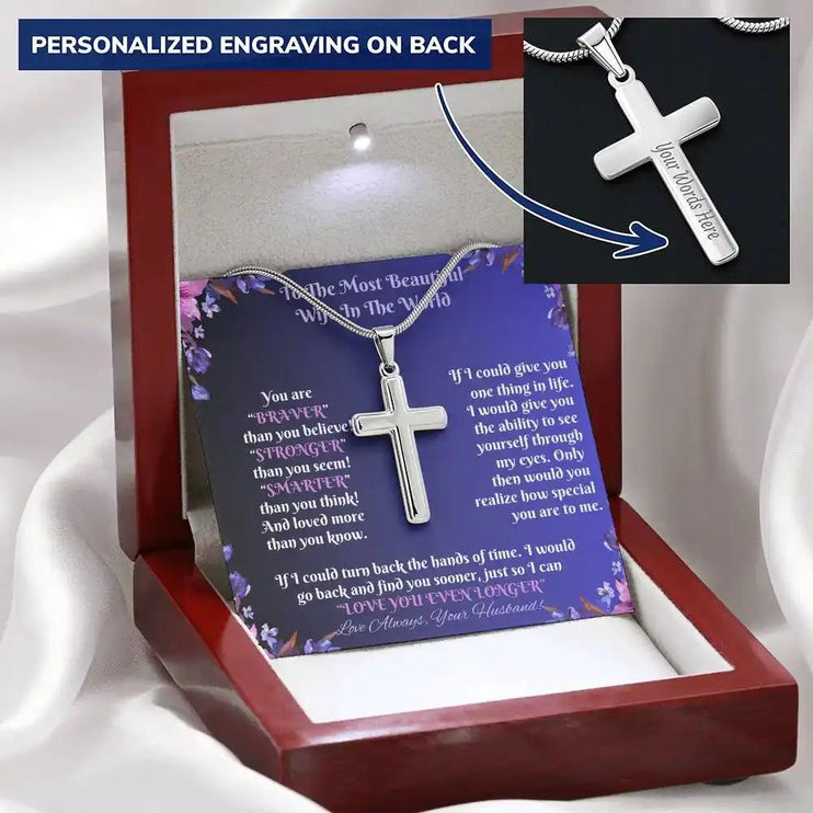 cross necklace personalized in mahogany box angled left