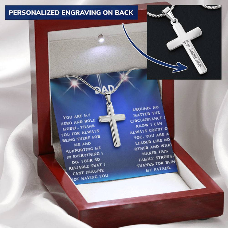personalized cross snake chain necklace in a mahogany box with a greeting for dad angle 2