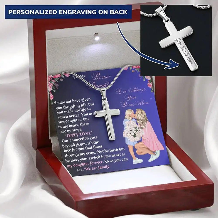 cross necklace personalized in mahogany box angled left