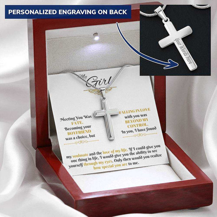 personalized cross on snake chain in luxury box angled left