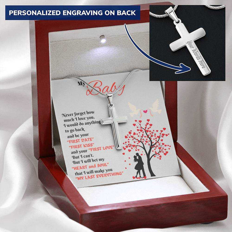 Personalized Cross on Snake Chain in luxury box angled left