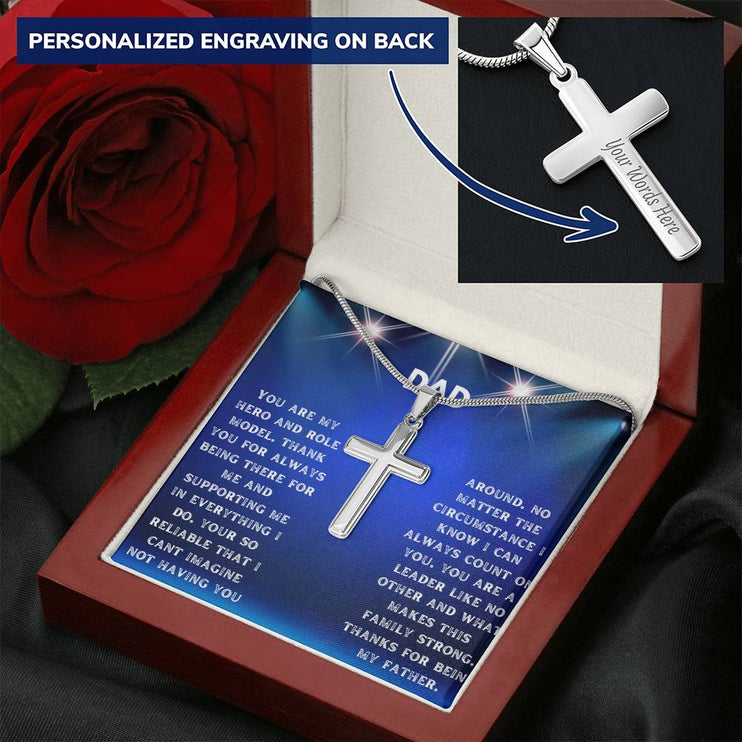 personalized cross snake chain necklace in a mahogany box with a greeting for dad angle 4