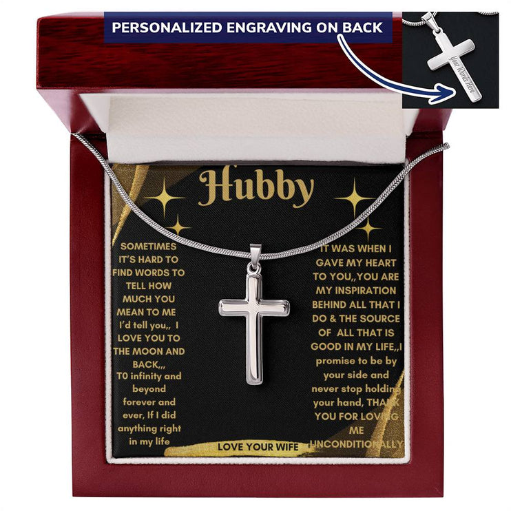 Personalized Cross Snake Chain Necklace with a polished stainless-steel charm in a mahogany box angle 1