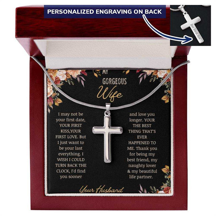 A personalized cross necklace on a to gorgeous wife greeting card in a mahogany box.