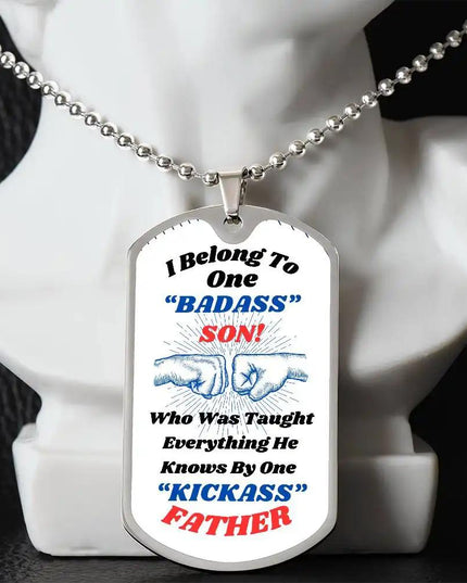 stainless-steel graphic dog tag chain.