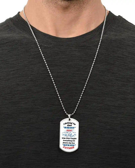 stainless-steel graphic dog tag chain.