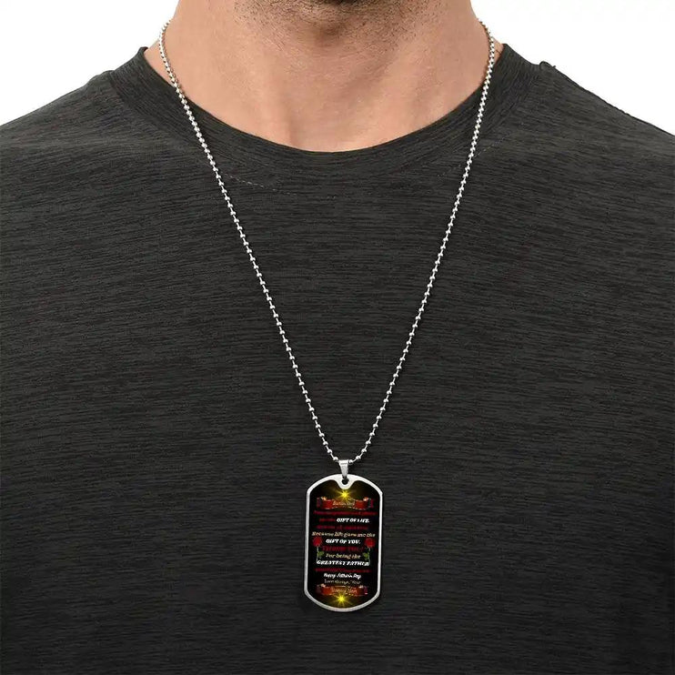 stainless-steel graphic dog tag chain. 