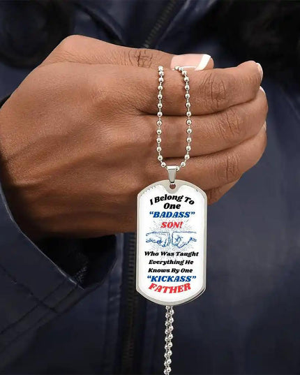 stainless-steel graphic dog tag chain.