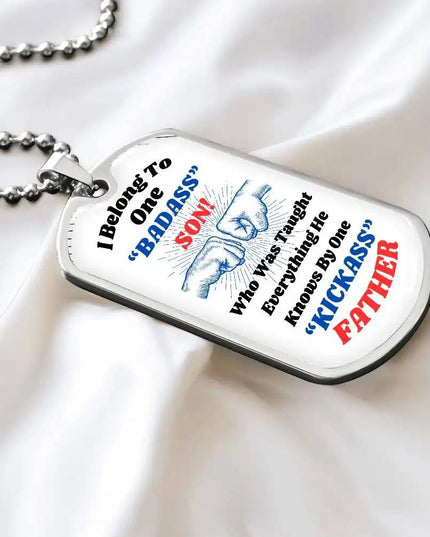 stainless-steel graphic dog tag chain.