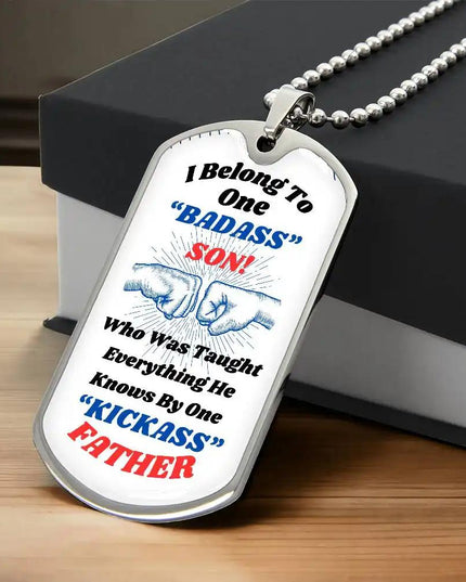 stainless-steel graphic dog tag chain.