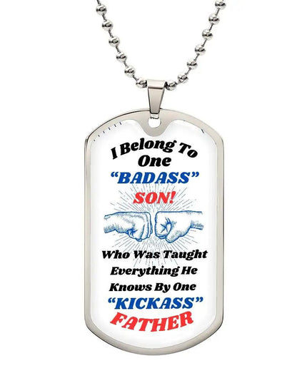 stainless-steel graphic dog tag chain.