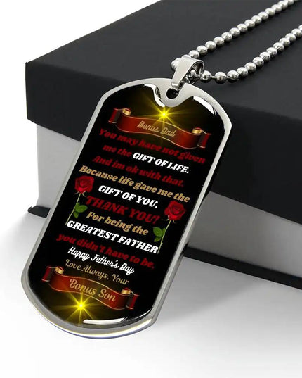 stainless-steel graphic dog tag chain. 