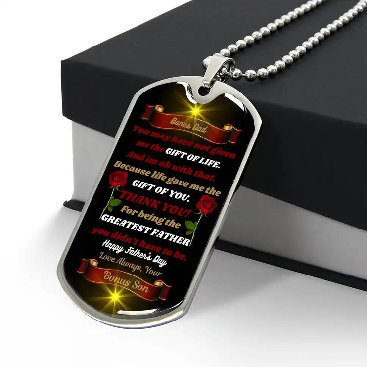 stainless-steel graphic dog tag chain. 