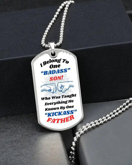 stainless-steel graphic dog tag chain.