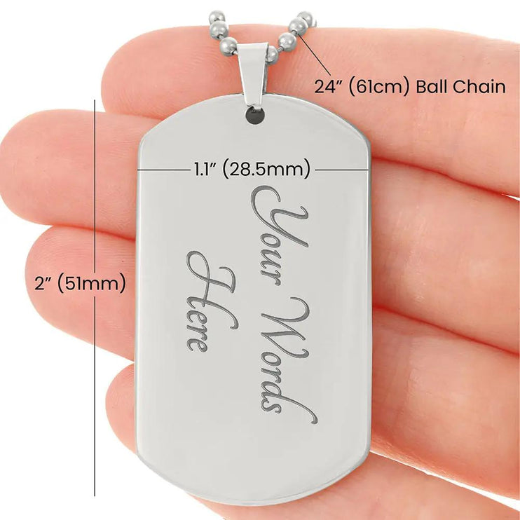 stainless-steel graphic dog tag chain.