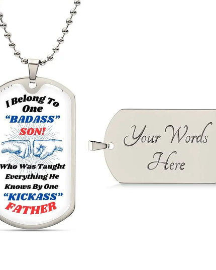 stainless-steel graphic dog tag chain.