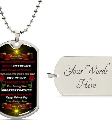 stainless-steel graphic dog tag chain. 