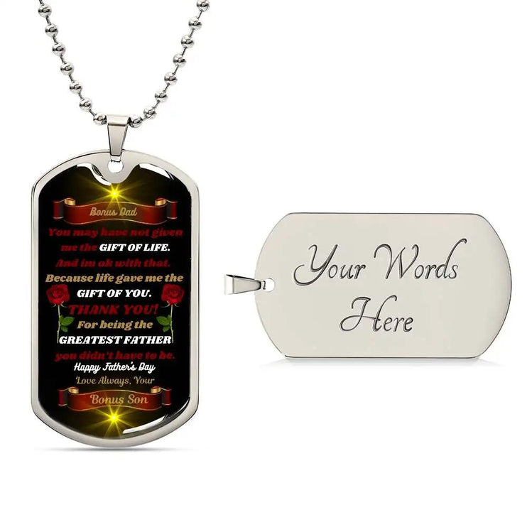 stainless-steel graphic dog tag chain. 