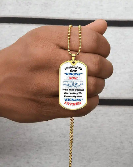 yellow gold graphic dog tag chain.