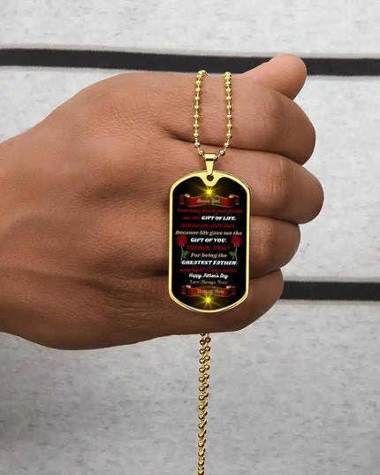 yellow gold graphic dog tag chain. 